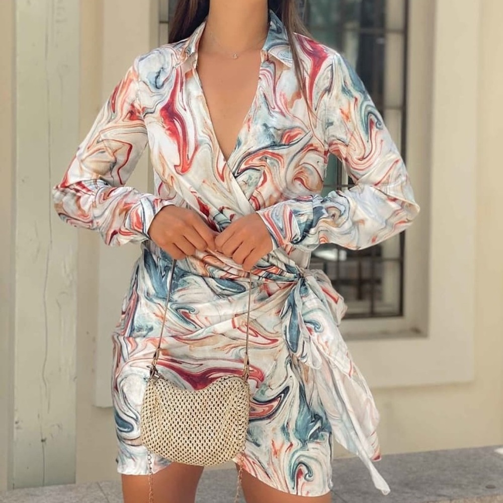 Abstract Swirl Tie-Waist Dress - White with Red & Blue